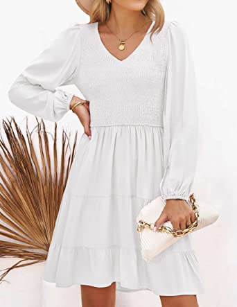 Women's Casual V Neck Long Sleeve Smocked High Waist Ruffle A Line Tiered Mini Dress. getaway dress white