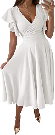 Women's Warp V Neck Ruffle Short Sleeve A Line Swing Flared Cocktail Party Midi Dress. Perfect wedding white getaway dress