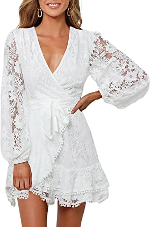 Womens Lace Wrap Mini Dresses Floral V Neck Ruffle Short Dress with Belt. Wedding white Getaway dress 
